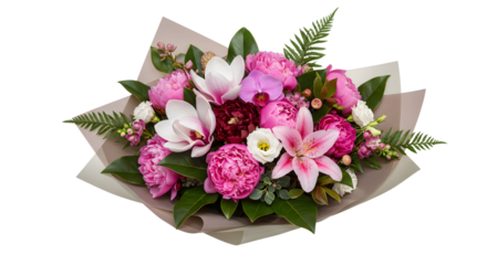 Beautiful bouquet of pink lilies, peonies, and mixed flowers with green foliage, perfect for weddings and special occasions