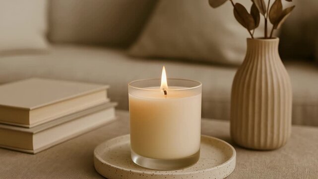 Cozy living room scene with a lit candle on a tray, books, and a vase. Captured at eye level, perfect for a calming lifestyle video backdrop. Live desktop wallpaper.