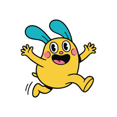 Joyful Yellow Cartoon Character. This cheerful, round mascot with prominent blue ears and a wide smile radiates positive energy while appearing to bound forward. Ideal for playful designs.