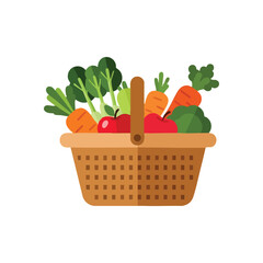 Fresh Produce Basket Illustration. Vibrant wicker hamper brimming with wholesome fruits and garden greens, symbolizing healthy eating and a bountiful harvest.