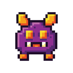Fototapeta premium Retro Game Purple Critter. Delightful pixel art beast in bright violet and orange hues, embodying classic arcade game charm. An amiable digital character for cheerful designs.