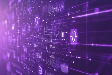 Futuristic dental technology interface with data streams and digital tooth icons in purple