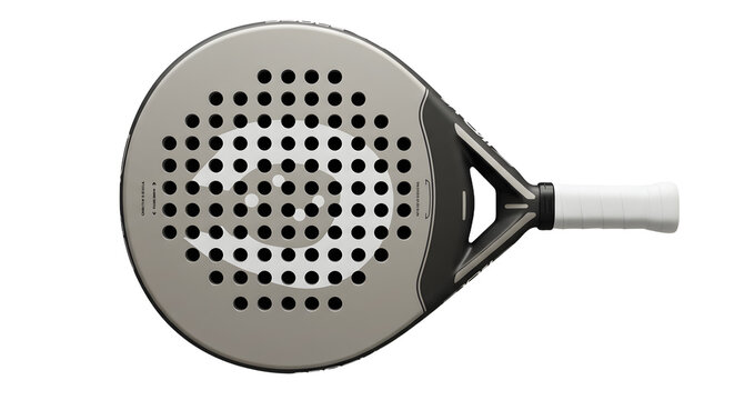 Modern black padel racket with white handle isolated on white background, ideal for sports and outdoor activities