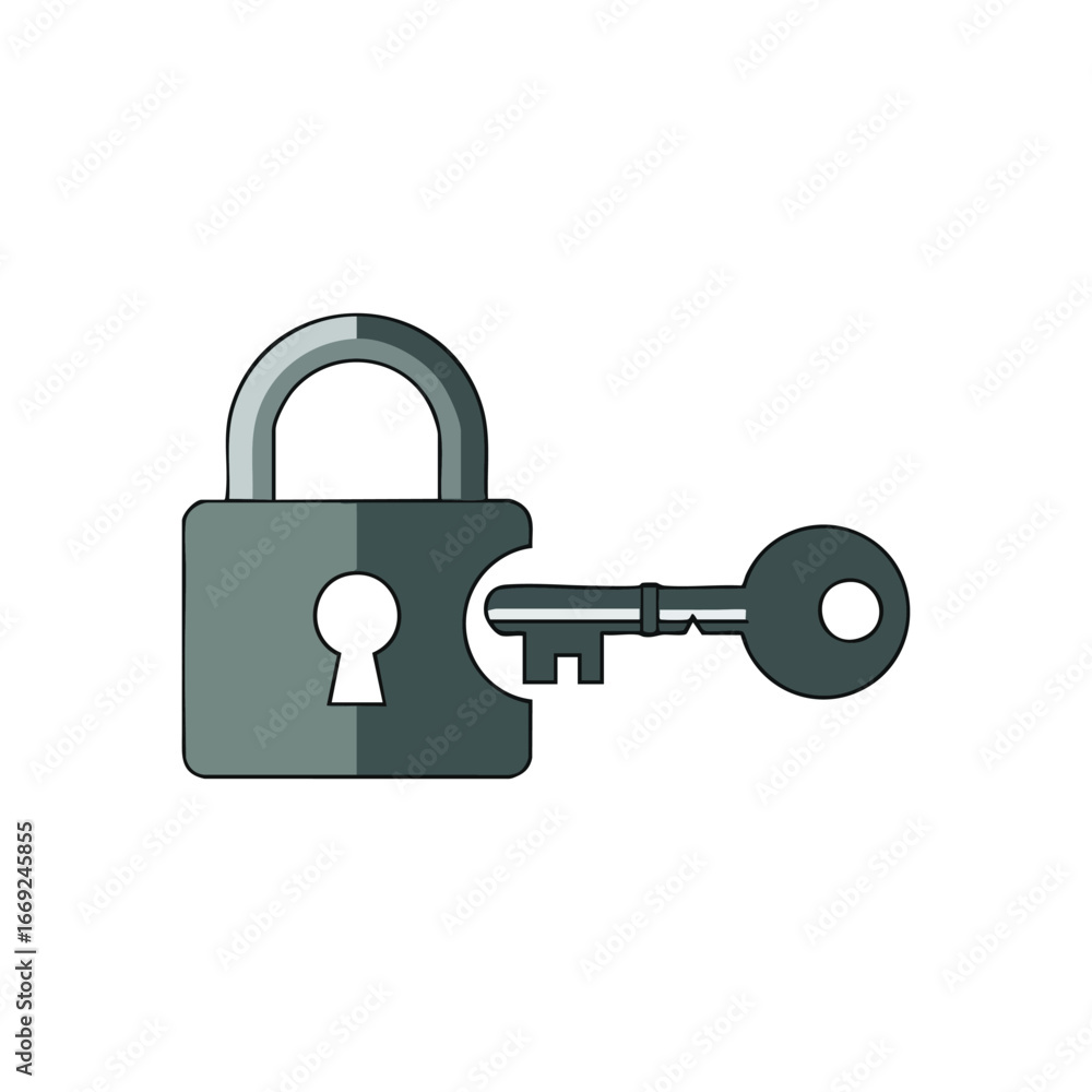 Poster access grant symbol. this security graphic displays a grey lock with a key inserted, representing pr
