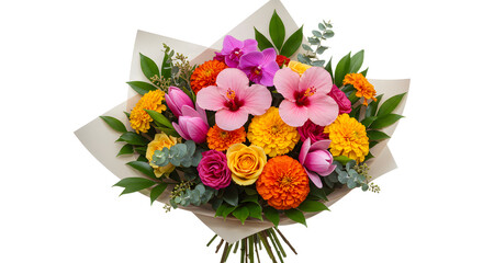 Obraz premium Bright colorful bouquet with pink orchids, orange marigolds, yellow roses, and greenery, perfect for weddings and special occasions
