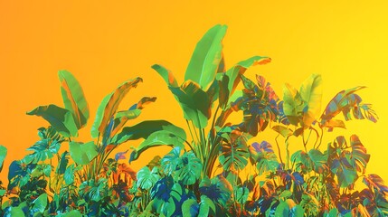 Vibrant Tropical Plants Against Yellow Background Lush Exotic Foliage