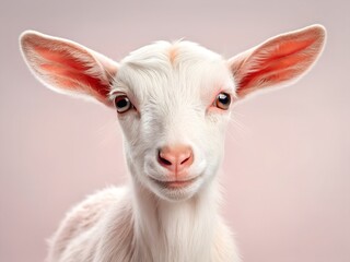 Obraz premium Adorable white baby goat with big ears looking directly at camera
