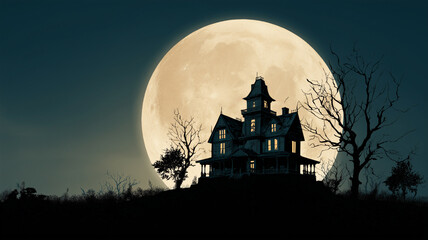 Full moon above haunted house silhouette