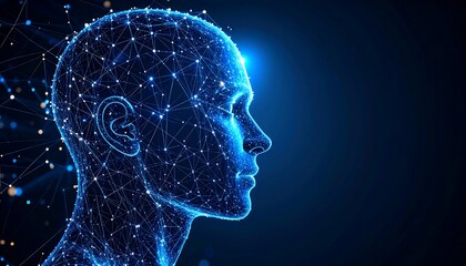 Obraz premium AI Head with Digital Brain, and Blue Glow.