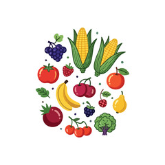 Vibrant Fresh Produce Assortment. A delightful compilation of ripe fruits and wholesome vegetables arranged in a round pattern on a dark backdrop. This image represents a nourishing diet and healthy.