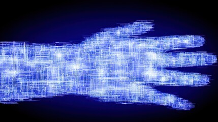 Glowing digital hand with blue lines and particles on a dark background representing technology, innovation, and the future of digital human interaction
