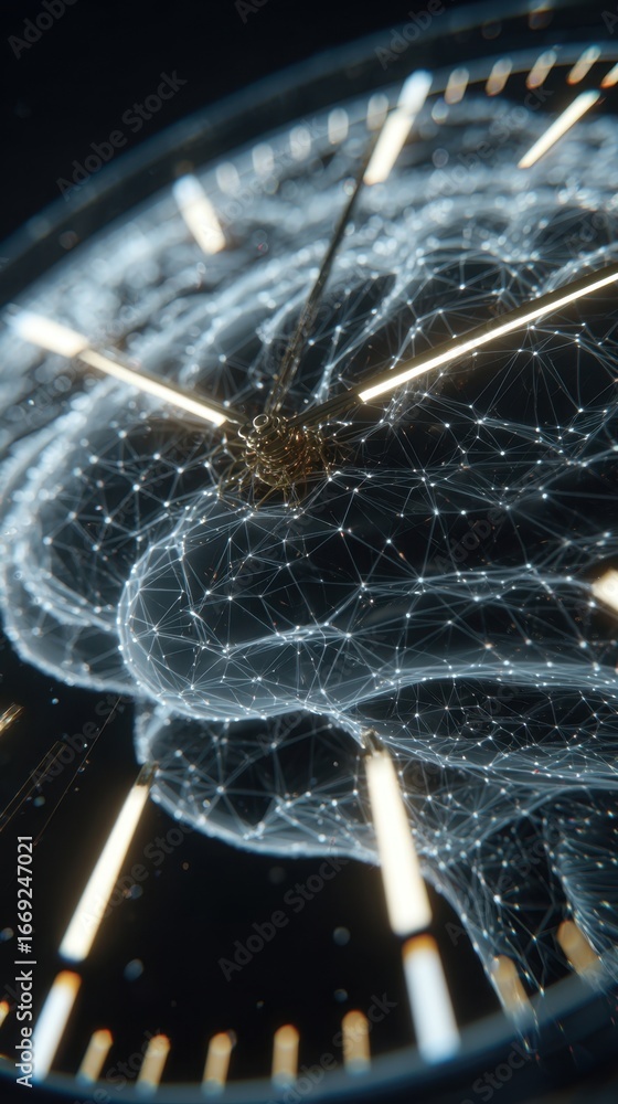 Poster futuristic brain mesh with overlapping clock hands rotating asynchronously visualizing the impact of