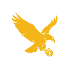 Majestic Eagle Grasping Coin. Regal raptor clutching a valuable currency symbol. This emblem embodies financial prosperity, shrewd success, and seizing opportunities.