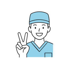 Smiling Medical Professional Peace Sign. A friendly healthcare worker in uniform makes a victory gesture. This cheerful illustration embodies optimism, care, and patient well-being in medical.