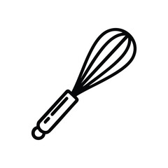 Whisk Kitchen Baking Tool Icon. A clean, white graphic of a cooking utensil on a dark background, representing culinary preparation and confectionary arts. Ideal for design.