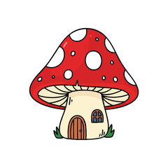 Enchanting Forest Mushroom Home. Charming fungi abode featuring a vibrant spotted cap and a welcoming entrance. Evokes wonder, imaginative tales, and woodland enchantment.