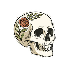 Floral Skull Illustration with Rose. Captivating graphic of a human cranium adorned with a vibrant blossom and lush foliage, symbolizing life's enduring beauty amidst mortality.