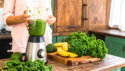Woman Making a Green Smoothie with Kale and Banana in a Kitchen