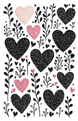 Hand drawn hearts with floral elements on transparency background, perfect for decoration