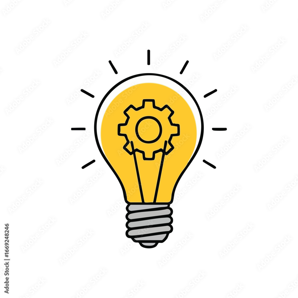 Poster innovative idea and process concept. this radiant illumination paired with a mechanical cog illustra