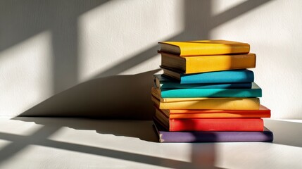 Colorful book stack under window light