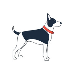 Stylized Pet Dog with Vibrant Collar. This minimalist graphic features a delightful domestic animal, embodying loyalty and friendship. Its striking dark and light coat with a bright neckband stands.