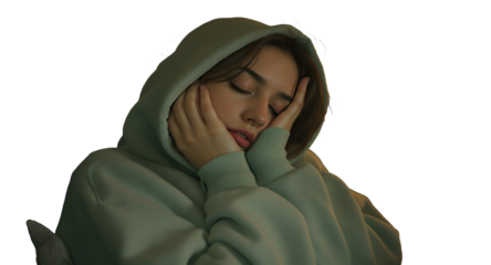 Tired and Sleepy Young Person, Resting with Hands on Face, in a Hooded Sweatshirt, Relaxing
