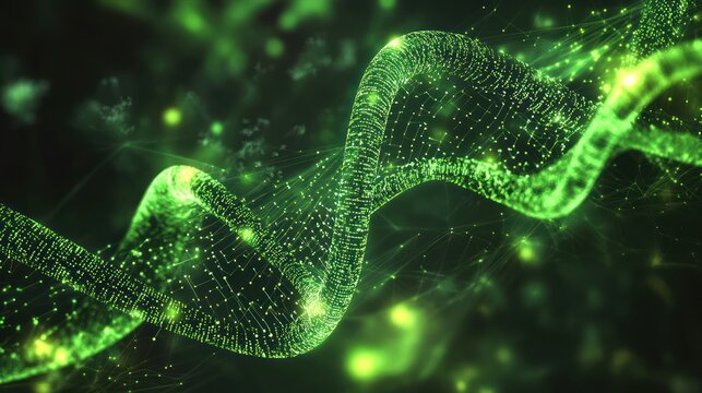 Futuristic technology background with glowing green network connections and data stream