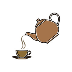 Warm Coffee Tea Break Icon. Stylized graphic shows a pot filling a cup with a steamy brew. Evokes a sense of peace, morning rituals, and cozy refreshment.