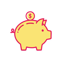 Financial Piggy Bank Savings Concept. This charming illustration depicts a yellow coin pot with currency, symbolizing economic security, wealth management, and future prosperity.