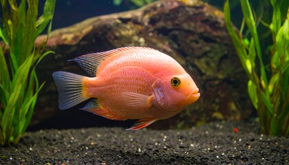 A pinkish-orange fish swims in an aquarium amongst green plants and dark substrate