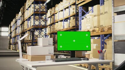 Fulfillment center with copy space screen supporting express delivery and order processing with a scanner at the desk, large business operations with reliable logistics and packaging.
