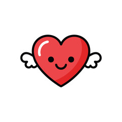 Happy Winged Heart Illustration. This delightful crimson emblem features a cheerful smiling shape, gracefully aloft with tiny white feathers. It embodies profound devotion, pleasure, and compassion.
