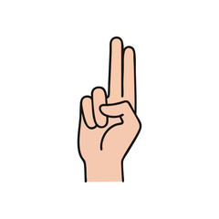 Peace Victory Hand Gesture Symbol. A minimalist drawing of a human palm with index and middle digits extended upward. Represents triumph and concord on a dark backdrop.