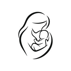Mother Baby Love Embrace Silhouette. This minimalist artwork depicts a parent tenderly cradling a newborn. It represents a profound connection, care, and family affection.