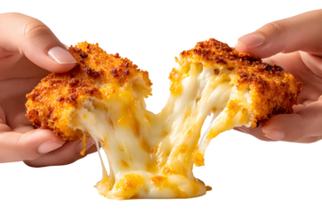 Hands pulling apart a crispy fried cheese bite for a massive, gooey cheese pull. An irresistible and decadent isolated appetizer shot, perfect for social media.