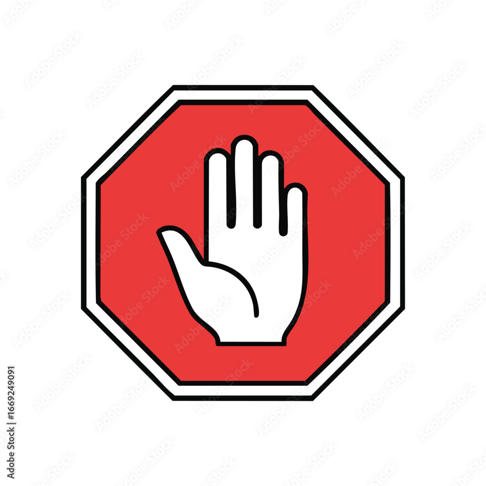 Poster stop hand signal warning icon. vibrant red octagon displaying an outstretched palm gesture. this uni