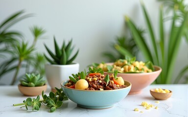 Aesthetic presentation of plant-based meal concept with minimalist bowls, succulent and tropical plants, embodying wellness and mindful eating, ideal for health related topics. High quality