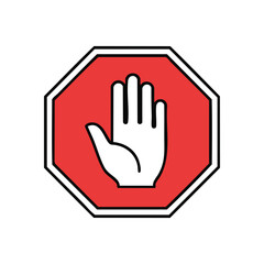 Stop Hand Signal Warning Icon. Vibrant red octagon displaying an outstretched palm gesture. This universal signal conveys danger, restricted entry, and the need for caution.