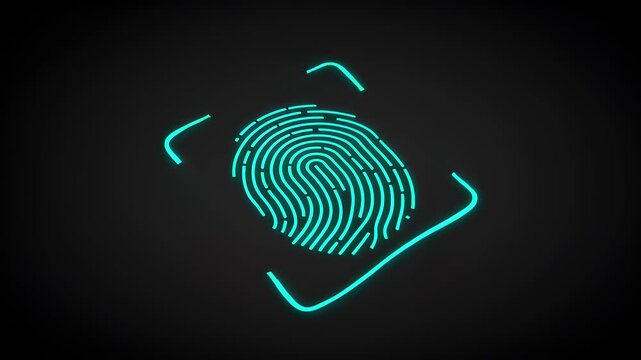 Futuristic fingerprint design illuminated in neon blue against a dark background, symbolizing security