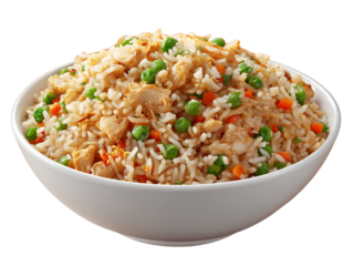 Chicken Fried Rice With Green Peas and Carrots In A White Bowl, PNG
