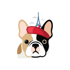 Chic French Bulldog Paris Icon. Adorable doggy friend wearing a red artist's cap alongside the iconic Eiffel Tower. Represents European culture, travel, and charming pet adventures.