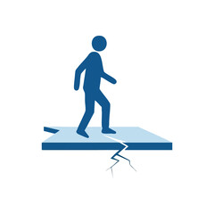 Person on Fragile Cracking Surface. Abstract illustration of an individual treading on a breaking platform, symbolizing imminent risk, vulnerability, and impending collapse.