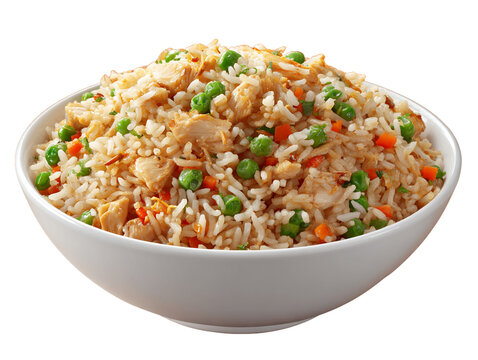 Chicken Fried Rice With Green Peas and Carrots In A White Bowl, PNG