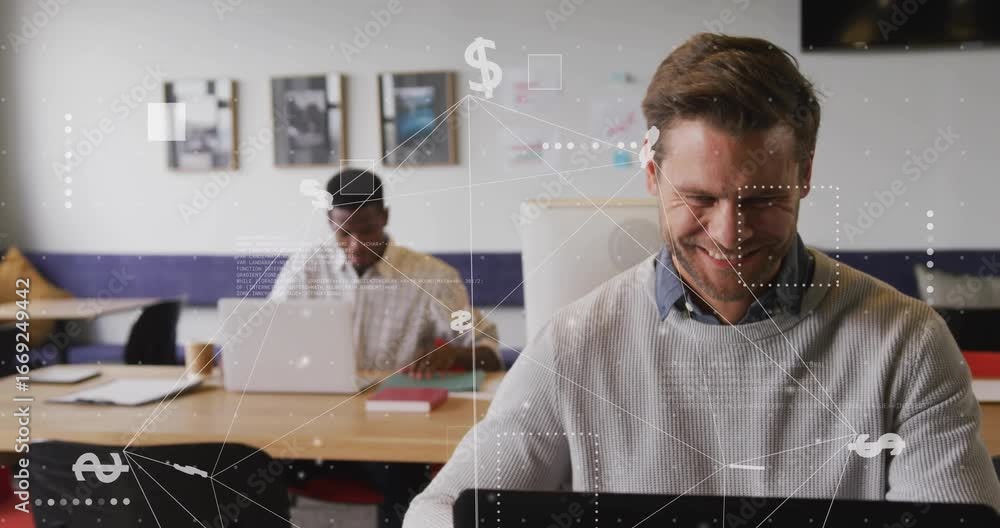 Aufkleber colleagues typing on laptops and checking phone, causing transparent finance data overlay animating