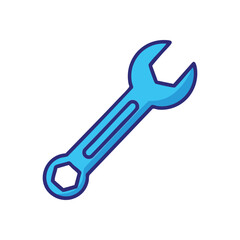 Blue Wrench Tool Icon. The image depicts a bright azure spanner, symbolizing essential repair work, technical support, and system settings or adjustments.