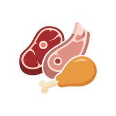 Assorted Meats and Poultry Selection. A variety of raw animal products: beef, pig, and chicken leg, signifying diverse nutritional options and a balanced diet.