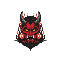 Demonic Fiery Beast Head Illustration. A menacing red entity with horns, sharp fangs, and glowing eyes. Symbolizes power, rebellion, and a fierce spirit.