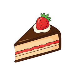 Chocolate Cake Slice with Strawberry. Appetizing cartoon graphic of a delectable confection with berry garnish and creamy topping. Symbolizes joy, celebration, and sweet indulgence.