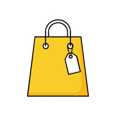 Yellow Shopping Bag Icon with Tag. Vibrant yellow tote with a blank label signifies great deals or merchandise acquisition. Ideal for commerce, promotions, and online store imagery.